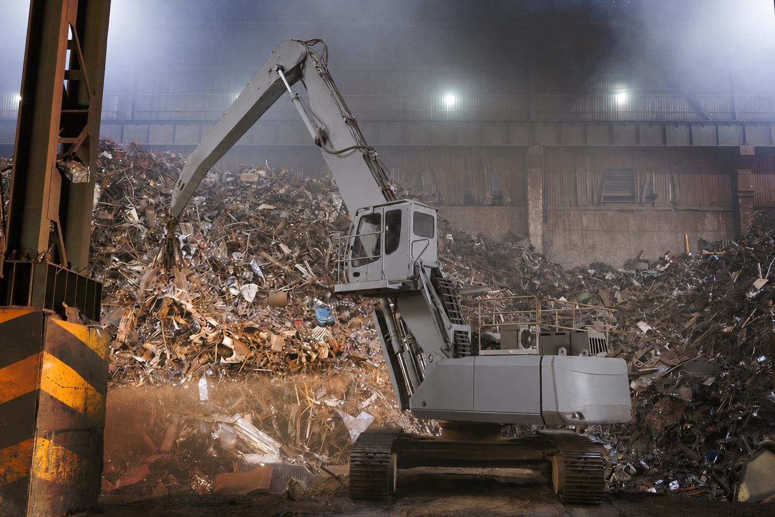 Heavy machinery working in an industrial scrapyard